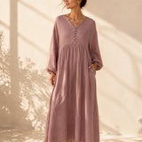 100% Linen Raglan Puff Sleeve Gathered Maxi Dress