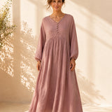 100% Linen Raglan Puff Sleeve Gathered Maxi Dress