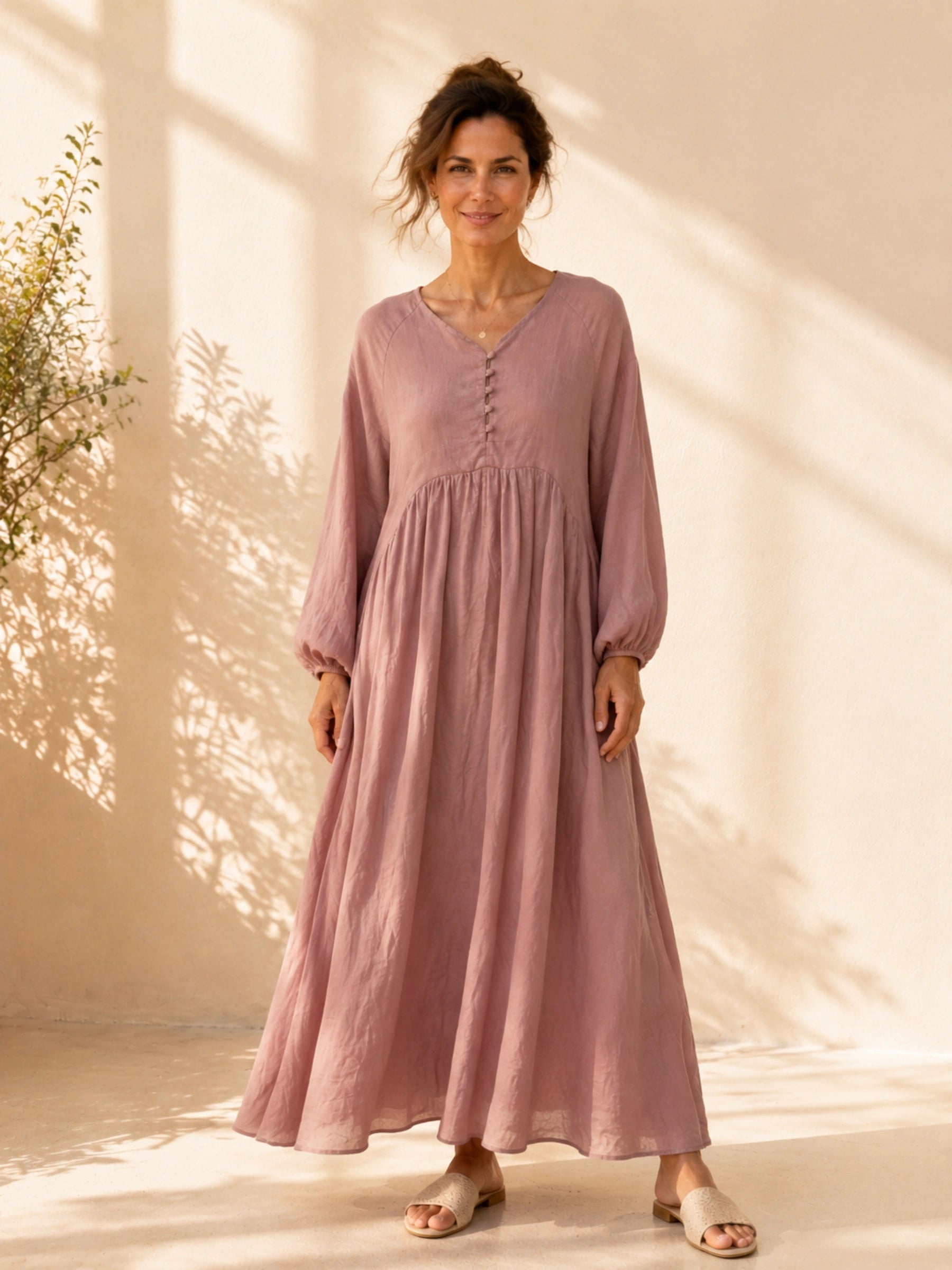 100% Linen Raglan Puff Sleeve Gathered Maxi Dress