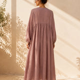 100% Linen Raglan Puff Sleeve Gathered Maxi Dress