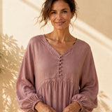 100% Linen Raglan Puff Sleeve Gathered Maxi Dress