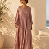 100% Linen Raglan Puff Sleeve Gathered Maxi Dress