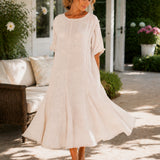 100% Linen Raw-Edge Panel Seam Side Pocket Maxi Dress