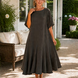 100% Linen Raw-Edge Panel Seam Side Pocket Maxi Dress
