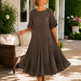100% Linen Raw-Edge Panel Seam Side Pocket Maxi Dress