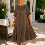 100% Linen Raw-Edge Panel Seam Side Pocket Maxi Dress