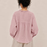 100% Linen Relaxed Ruffle-Trim V-Neck Top