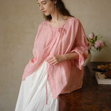 100% Linen Reversible Tie Detail Drop Shoulder Blouse