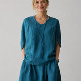 100% Linen Rolled Sleeve Back Tie Detail Blouse