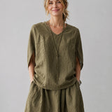 100% Linen Rolled Sleeve Back Tie Detail Blouse