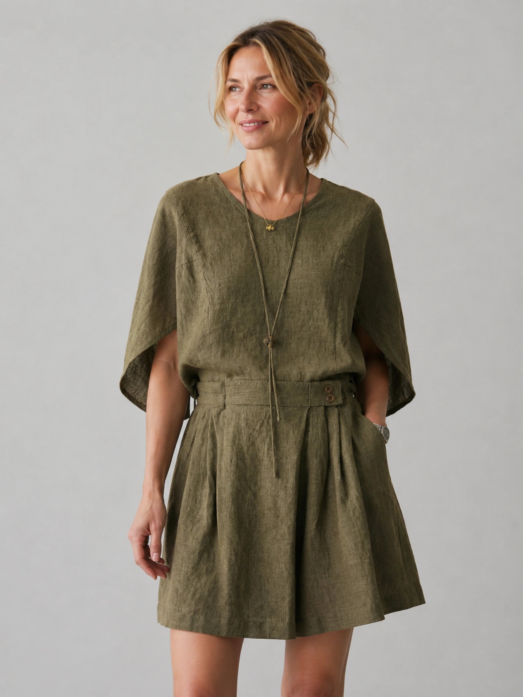 100% Linen Rolled Sleeve Back Tie Detail Blouse
