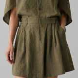 100% Linen Button Waist Pleated Side Pocket Shorts