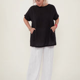 100% Linen Rolled Sleeve Back Tie Detail Blouse