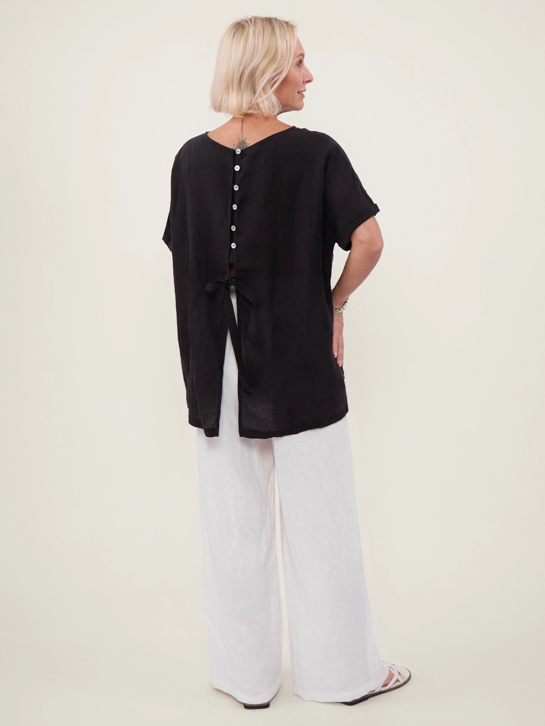 100% Linen Rolled Sleeve Back Tie Detail Blouse