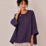 100% Linen Round-Neck A-Line Bell-Sleeve Top with Knot Detail