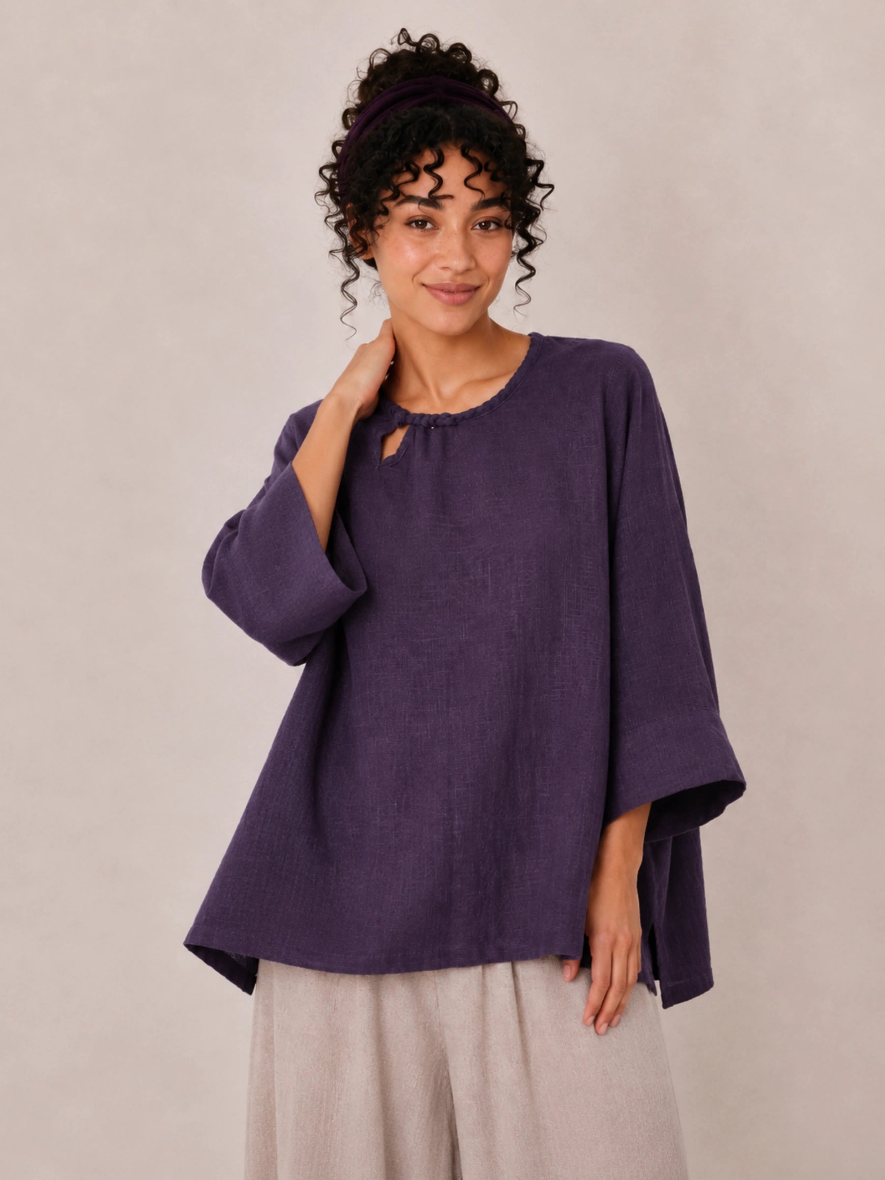 100% Linen Round-Neck A-Line Bell-Sleeve Top with Knot Detail