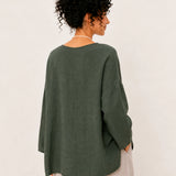 100% Linen Round-Neck Batwing-Sleeve Relaxed Top