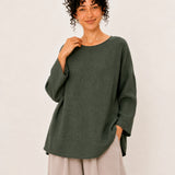 100% Linen Round-Neck Batwing-Sleeve Relaxed Top