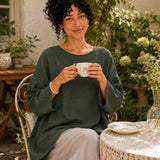 100% Linen Round-Neck Batwing-Sleeve Relaxed Top