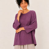 100% Linen Round-Neck Batwing-Sleeve Relaxed Top