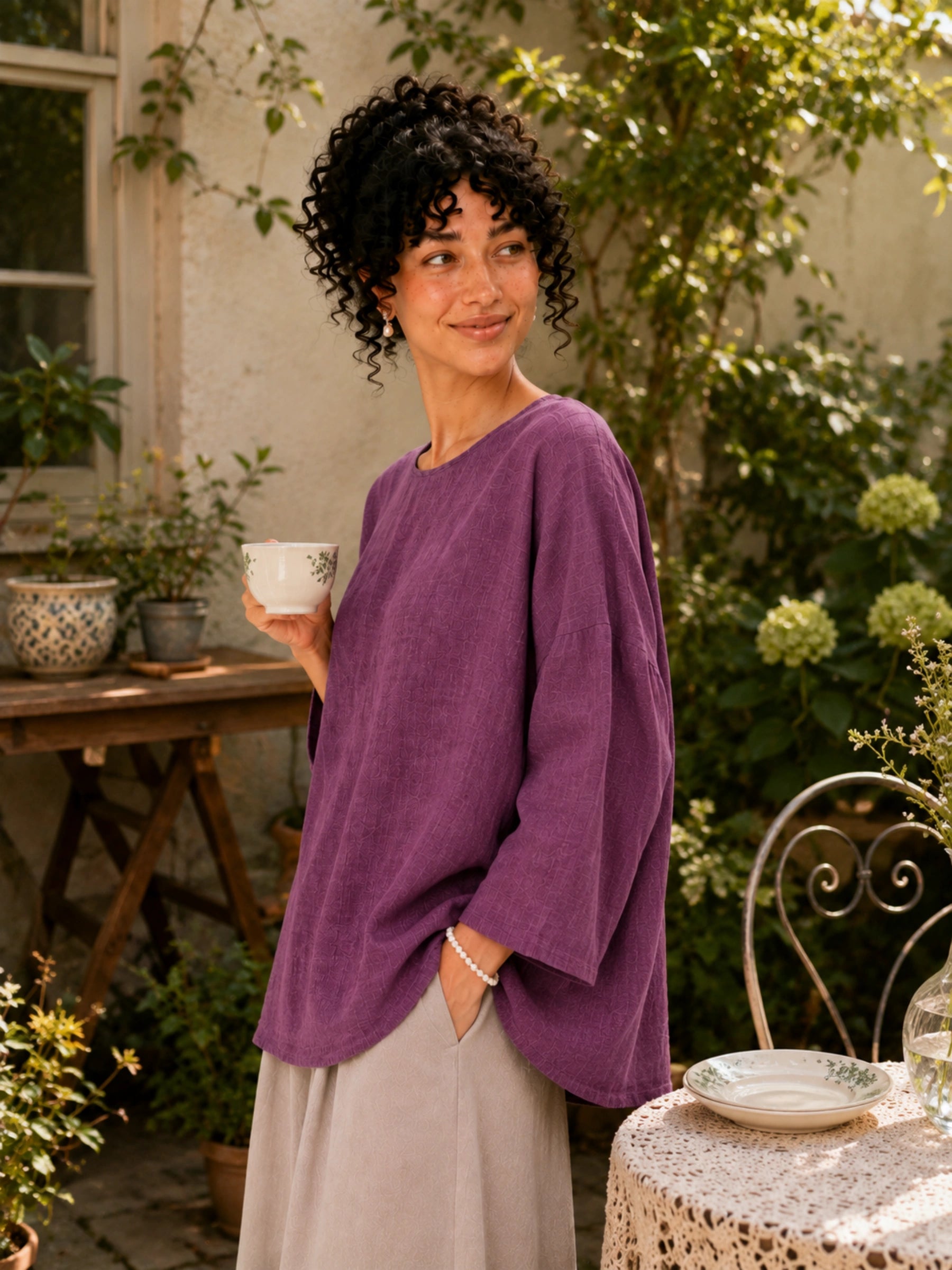 100% Linen Round-Neck Batwing-Sleeve Relaxed Top