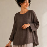 100% Linen Round-Neck Batwing-Sleeve Relaxed Top