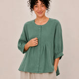 100% Linen Round-Neck Button-Front Empire-Waist Top