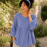 100% Linen Round-Neck Button-Front Empire-Waist Top
