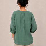 100% Linen Round-Neck Button-Front Empire-Waist Top