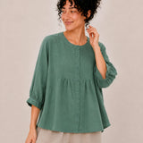 100% Linen Round-Neck Button-Front Empire-Waist Top