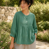 100% Linen Round-Neck Button-Front Empire-Waist Top