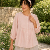 100% Linen Round-Neck Button-Front Empire-Waist Top