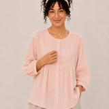 100% Linen Round-Neck Button-Front Empire-Waist Top