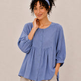 100% Linen Round-Neck Button-Front Empire-Waist Top