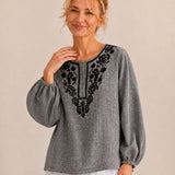 100% Linen Round-Neck Embroidered Relaxed Top