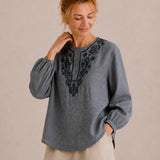 100% Linen Round-Neck Embroidered Relaxed Top