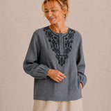 100% Linen Round-Neck Embroidered Relaxed Top