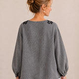 100% Linen Round-Neck Embroidered Relaxed Top