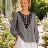 100% Linen Round-Neck Embroidered Relaxed Top