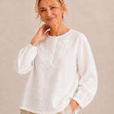 100% Linen Round-Neck Embroidered Relaxed Top