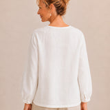 100% Linen Round-Neck Embroidered Relaxed Top