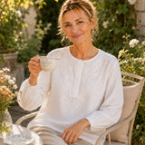 100% Linen Round-Neck Embroidered Relaxed Top