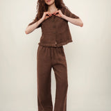 100% Linen Round Neck 3/4 Sleeve Fringe Hem Blouse