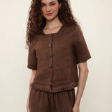 100% Linen Round Neck 3/4 Sleeve Fringe Hem Blouse
