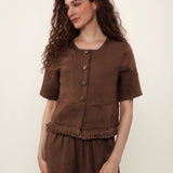 100% Linen Round Neck 3/4 Sleeve Fringe Hem Blouse