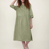 100% Linen Round Neck 3/4 Sleeve Loose Midi Dress