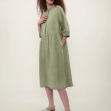 100% Linen Round Neck 3/4 Sleeve Loose Midi Dress