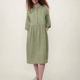 100% Linen Round Neck 3/4 Sleeve Loose Midi Dress