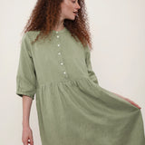 100% Linen Round Neck 3/4 Sleeve Loose Midi Dress