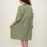 100% Linen Round Neck 3/4 Sleeve Loose Midi Dress